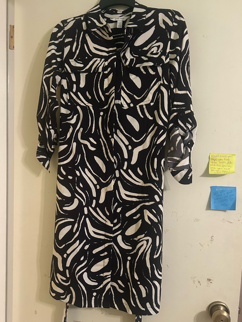 Nine West Black and White Abstract Print Midi Shirt Dress